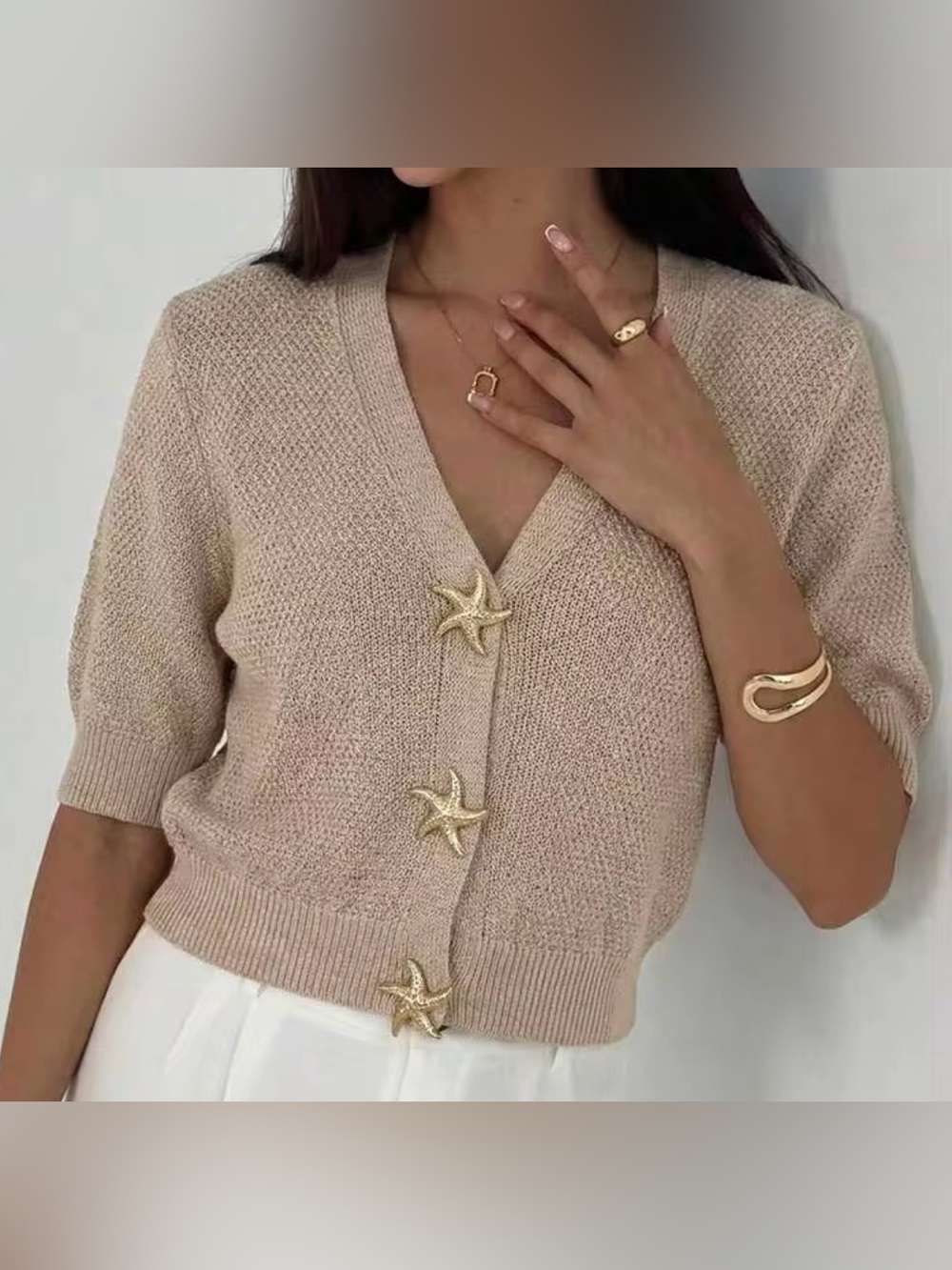 SHEIN starfish short sleeve beige cardigan